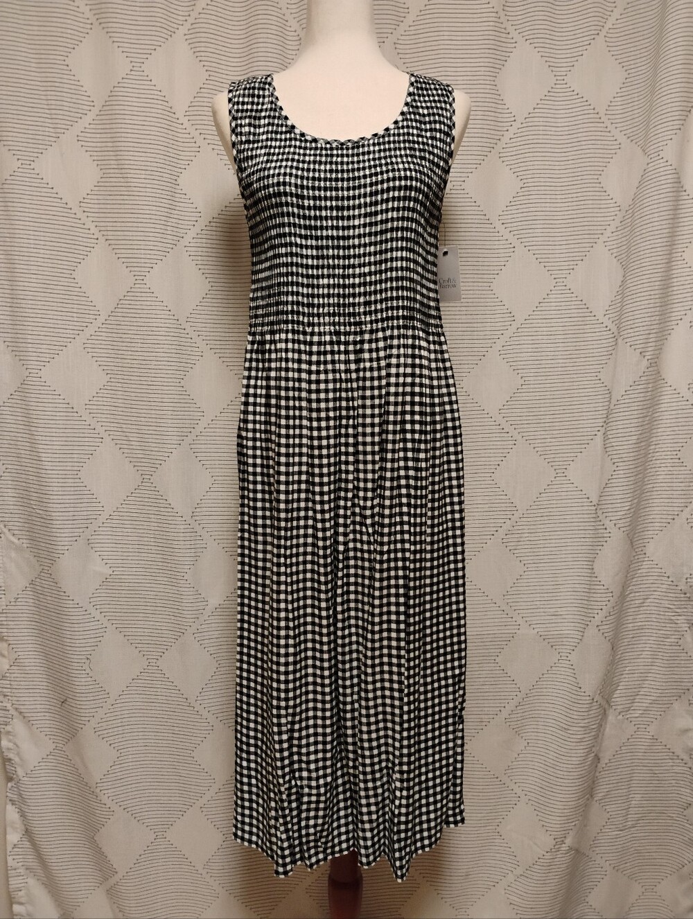 Croft & Barrow Sleeveless Black and White Gingham Midi Dress Ruching Medium NWT